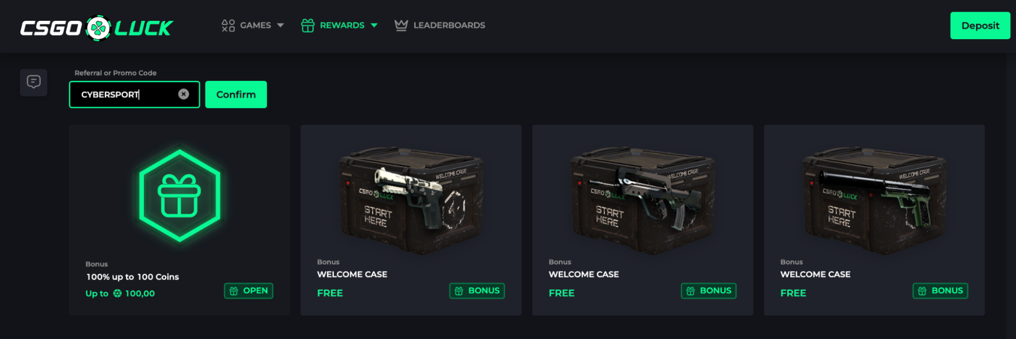 CSGOLuck Promo Code “CYBERSPORT” for 3 FREE Cases