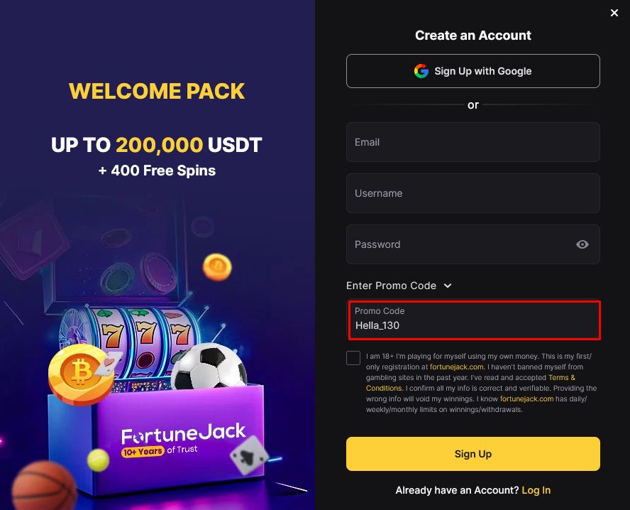FortuneJack Promo Code "Hella_130"
