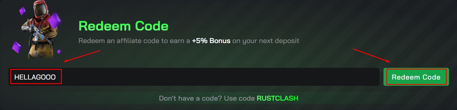 RustClash promo code "HELLAGOOO" for Daily Free Case + Rakeback
