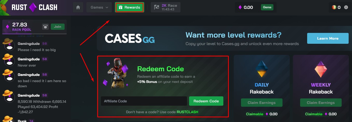 RustClash promo code "HELLAGOOO" for Daily Free Case + Rakeback