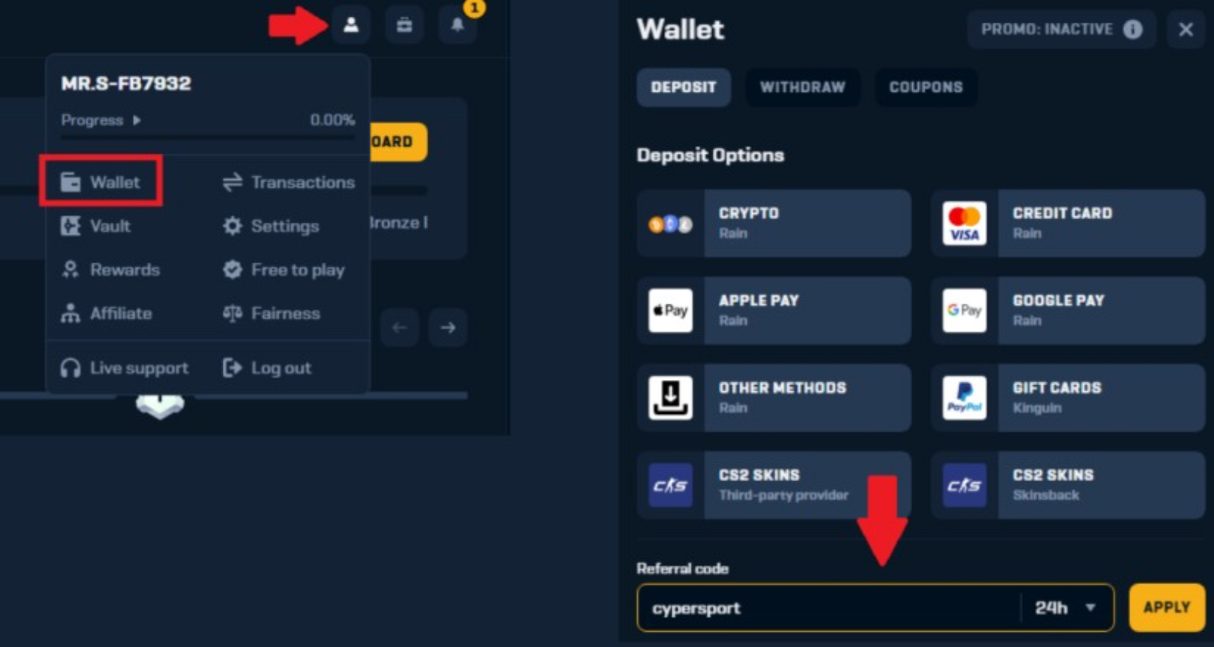 Rain.GG Promo Code "CYBERSPORT" to get 3 free cases